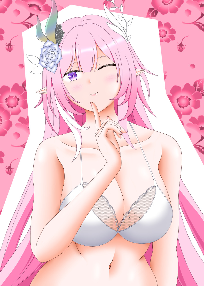1girl ;) absurdres bra breasts cleavage collarbone commentary_request cyrene_(honkai:_star_rail) cyrene_(ripples_of_past_reverie)_(honkai:_star_rail) flower hair_flower hair_ornament highres honkai:_star_rail honkai_(series) jeniwasama large_breasts long_hair multicolored_hair navel one_eye_closed pink_hair pointy_ears purple_eyes smile solo stomach two-tone_hair underwear very_long_hair white_bra white_hair