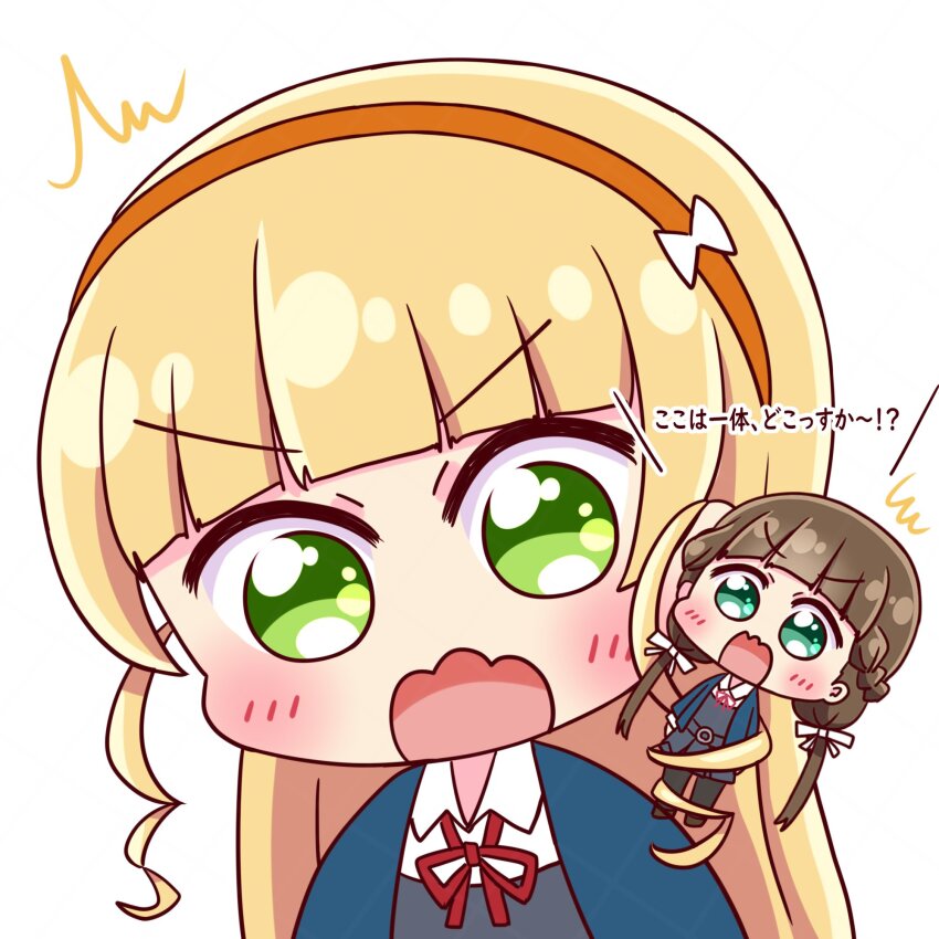 2girls ^_^ black_pantyhose blonde_hair blue_jacket blush bow braid brown_hair chibi chibi_only closed_eyes collared_shirt commentary_request curly_sidelocks dress dress_shirt green_eyes grey_dress hair_bow hair_ribbon hairband half_up_braid heanna_sumire highres jacket long_hair love_live! love_live!_superstar!! low_twintails mini_person minigirl multiple_girls neck_ribbon open_clothes open_jacket open_mouth orange_hairband pantyhose red_ribbon ribbon sakurakoji_kinako school_uniform shirt simple_background straight_hair suppii translation_request twintails v-shaped_eyebrows wavy_mouth white_background white_bow white_ribbon white_shirt winter_uniform yuigaoka_school_uniform