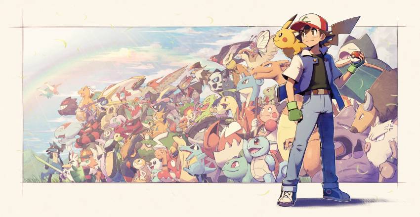 1boy alternate_color ambipom ash_ketchum baseball_cap bayleef black_eyes black_hair black_shirt blue_jacket boldore buizel bulbasaur butterfree charizard closed_mouth commentary_request corphish donphan dracovish dragonite everyone fingerless_gloves gen_1_pokemon gen_2_pokemon gen_3_pokemon gen_4_pokemon gen_5_pokemon gen_6_pokemon gen_7_pokemon gen_8_pokemon gengar gible glalie gliscor gloves goodra green_gloves greninja hat hawlucha heracross highres holding holding_poke_ball incineroar infernape jacket kingler krookodile kuroi_susumu lapras larvitar latias latios leavanny legendary_pokemon lucario lycanroc lycanroc_(dusk) male_focus melmetal mr._mime muk mythical_pokemon naganadel nintendo noctowl noivern on_shoulder open_mouth oshawott outdoors palpitoad pants pidgeot pignite pikachu poke_ball poke_ball_(basic) pokemon pokemon_(anime) pokemon_(classic_anime) pokemon_(creature) pokemon_on_shoulder primeape quilava rainbow rotom rotom_dex rowlet sceptile scraggy shiny_pokemon shirt shoes sirfetch&#039;d snivy snorlax solgaleo spiked_hair squirtle standing staraptor sunglasses swellow talonflame tauros torkoal torterra totodile ultra_beast unfezant unfezant_(female)