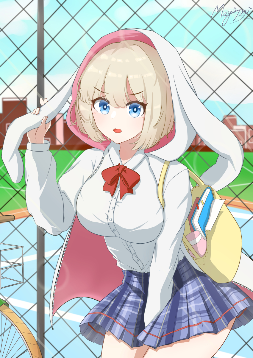 1girl absurdres animal_ear_hood animal_ears bag bicycle blonde_hair blue_eyes blue_skirt book breasts brown_dust_(series) brown_dust_2 chain-link_fence checkered_clothes checkered_skirt eyebrows_hidden_by_hair fake_animal_ears feet_out_of_frame fence hair_between_eyes highres holding_hoodie hood hoodie justia_(brown_dust) justia_(kendo_club)_(brown_dust) large_breasts looking_at_viewer neck_ribbon open_mouth paper red_ribbon ribbon school_bag school_uniform shirt short_hair signature skirt skirt_tug solo thermos upper_body white_hoodie white_shirt wind wind_lift