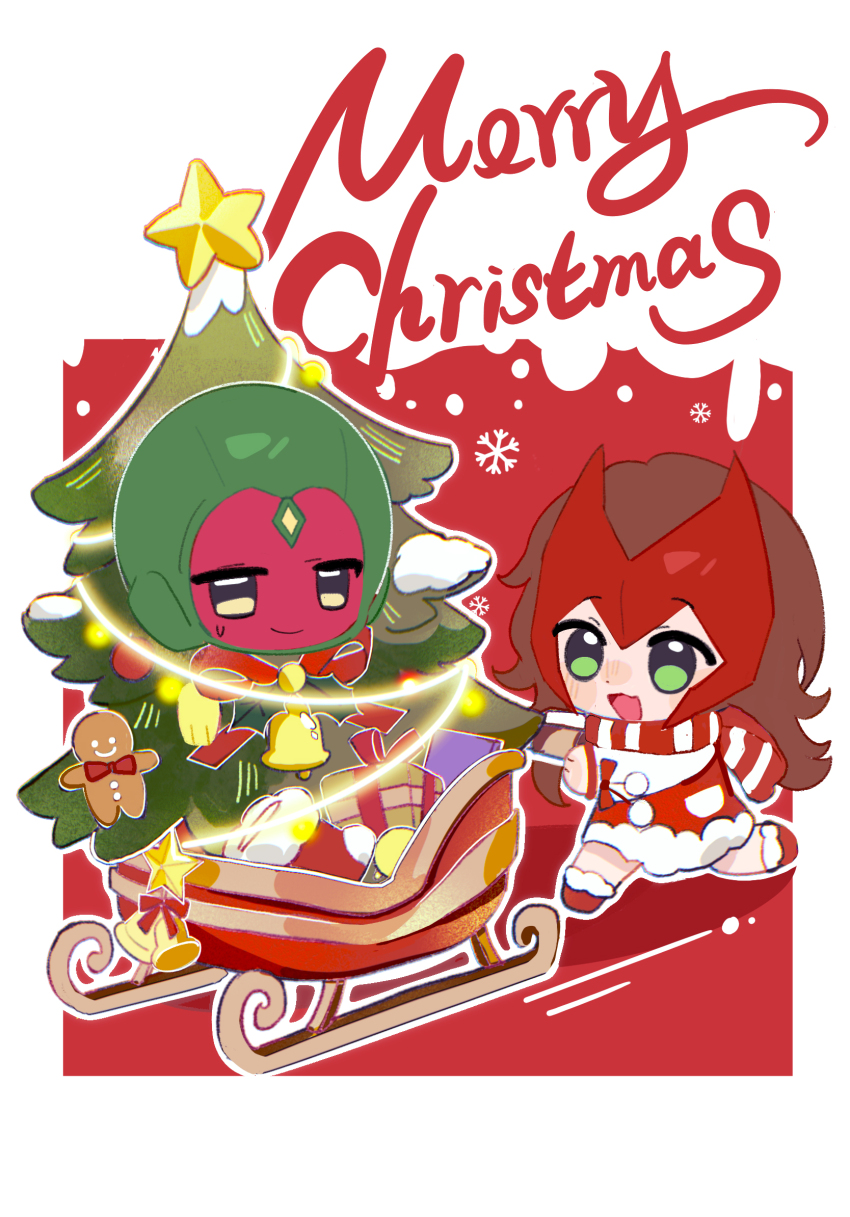 1boy 1girl al_(ahr) bell blush boots border bow box brown_hair chibi christmas christmas_lights christmas_present christmas_stocking christmas_tree closed_mouth coach colored_skin commentary dress english_commentary english_text forehead_jewel fur-trimmed_boots fur-trimmed_dress fur_trim garland_(decoration) gift gift_box green_eyes green_skin highres long_hair long_sleeves looking_at_another looking_at_viewer marvel marvel_cinematic_universe mask mask_on_head merry_christmas mistletoe multicolored_skin open_mouth outside_border pom_pom_(clothes) red_background red_bow red_dress red_footwear red_mask red_scarf red_skin running scarf scarlet_witch shadow smile snowflakes star_(symbol) striped_clothes striped_scarf sweatdrop vision_(marvel) wanda_maximoff wandavision wavy_hair white_border yellow_eyes