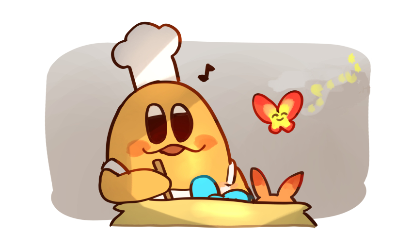 absurdres animal_ears awoofy blush_stickers bug butterfly butterfly_wings chef_hat chef_kawasaki commentary_request elfilin fox_ears hat highres insect insect_wings kirby_(series) kirby_and_the_forgotten_land morpho_knight_(butterfly) mouse_ears musical_note nintendo no_humans shiburingaru smile solid_oval_eyes white_headwear wings