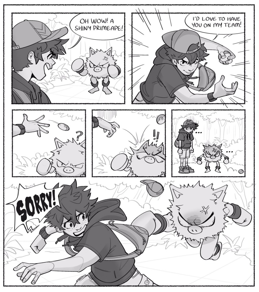 ! !! ... 1boy ? alternate_costume anger_vein angry backwards_hat bag baseball_cap blank_eyes bloodshot_eyes boku_no_hero_academia closed_mouth comic commentary crossover english_commentary english_text fleeing freckles gen_1_pokemon greyscale habkart hat highres holding holding_poke_ball hood hood_down hoodie looking_at_another male_focus midoriya_izuku monochrome nintendo open_mouth outdoors poke_ball pokemon pokemon_(creature) primeape running short_hair short_sleeves shorts speech_bubble standing throwing throwing_poke_ball tree