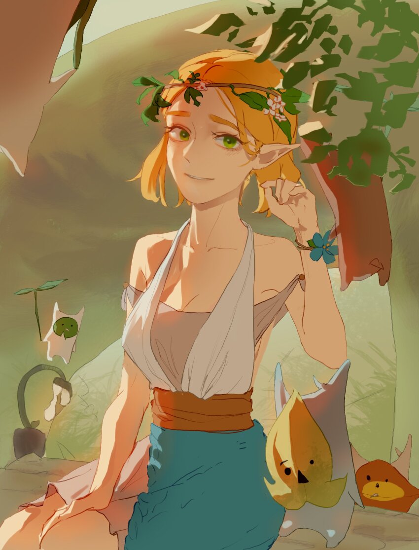 1girl alternate_costume bare_shoulders breasts cleavage collarbone green_eyes green_skirt hand_up head_wreath highres korok large_breasts looking_at_viewer nintendo parted_lips pointy_ears psp26958748 short_hair sitting skirt smile solo teeth the_legend_of_zelda the_legend_of_zelda:_tears_of_the_kingdom tree