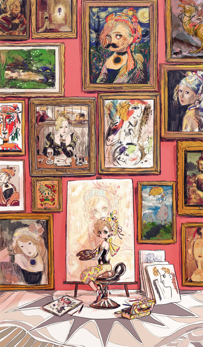 1girl absurdres blonde_hair chair chocobo commentary english_commentary final_fantasy final_fantasy_vi fine_art_parody hat highres looking_at_viewer looking_back mog moogle oju_(ouka) ultros painting_(object) parody portrait_(object) relm_arrowny shadow_(ff6) sitting solo strago_magus strapless tube_top wall