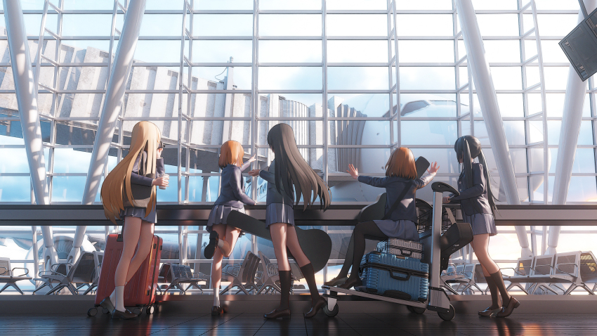 5girls absurdres aircraft airplane airport akiyama_mio bench black_footwear black_hair black_pantyhose black_socks blazer blonde_hair blue_jacket blue_skirt brown_hair day from_side grey_skirt highres hirasawa_yui ho-kago_tea_time holding holding_suitcase indoors instrument_case jacket jet_airliner k-on! kneehighs kotobuki_tsumugi legs loafers long_hair long_sleeves mr_ito multiple_girls nakano_azusa pantyhose platform_truck pleated_skirt pointing reflection rolling_suitcase sakuragaoka_high_school_uniform scenery school_uniform shoes short_hair sitting skirt socks standing suitcase tainaka_ritsu twintails white_socks