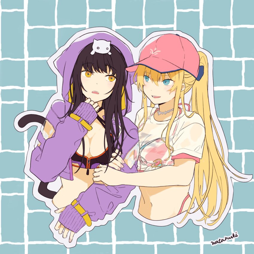 2girls asakura_karen_(heaven_burns_red) bikini black_hair blonde_hair blue_background blush breasts cat_tail cleavage commentary cropped_jacket earrings grabbing_another&#039;s_arm hair_between_eyes heaven_burns_red highres hood hood_down hooded_jacket jacket jewelry long_hair medium_breasts multiple_girls open_clothes open_jacket open_mouth outline pink_bikini pink_hair purple_jacket shirt sidelocks swimsuit tail teeth toujou_tsukasa watanuki_(enu) white_outline white_shirt yuri