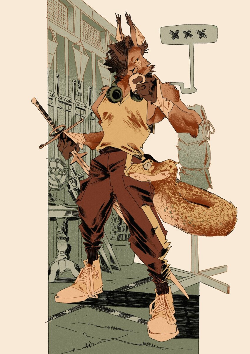 1boy animal animal_ears animal_nose animal_on_back asymmetrical_hair bandaged_hand bandages big_squid_man black_eyes body_fur brown_fur brown_hair brown_shoes cat_boy colored_sclera converse cup drinking ears_up electric_fan film_grain full_body furry furry_male hair_over_one_eye hatching_(texture) headphones headphones_around_neck highres holding holding_behind_back holding_cup holding_sword holding_weapon holding_weapon_behind_back indoors lats limited_palette looking_at_viewer male_focus medium_hair mug multiple_swords original pants plant plate potted_plant punching_bag sepia_background shadow shoelaces shoes sidecut snake snout solo speech_bubble sword table tank_top track_pants two-handed_sword undercut weapon x yellow_sclera yellow_shoes yellow_tank_top