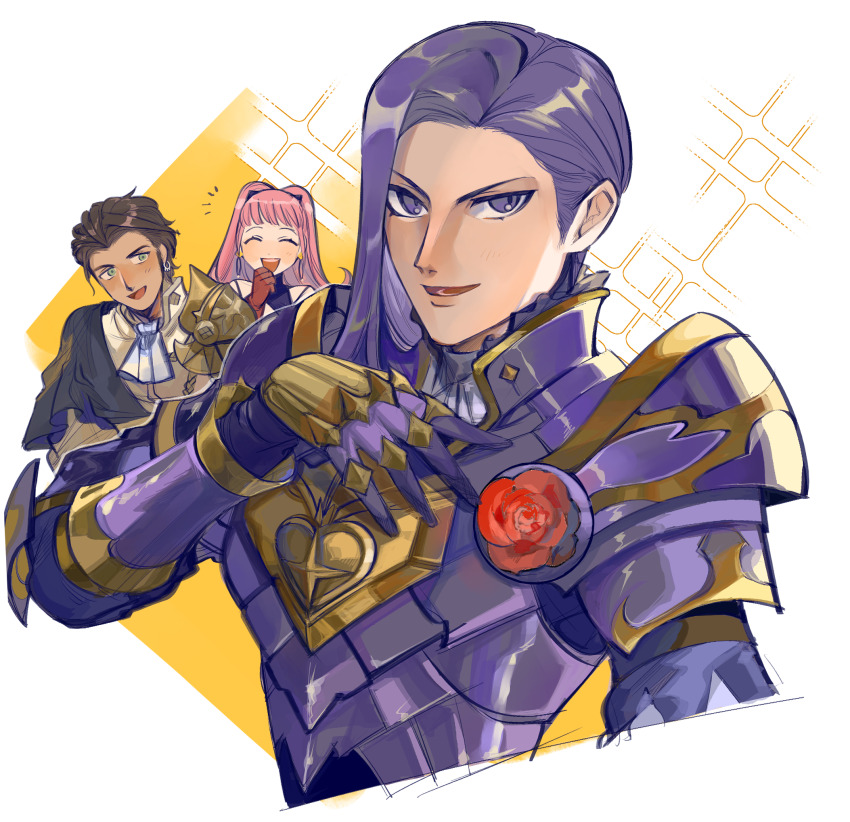 1girl 2boys armor brown_hair claude_von_riegan closed_eyes fire_emblem fire_emblem:_three_houses flower green_eyes highres hilda_valentine_goneril hilda_valentine_goneril_(timeskip) long_hair lorenz_hellman_gloucester lorenz_hellman_gloucester_(timeskip) mochako_(motyako_1005) multiple_boys nintendo pink_hair purple_armor purple_eyes purple_hair rose solo_focus