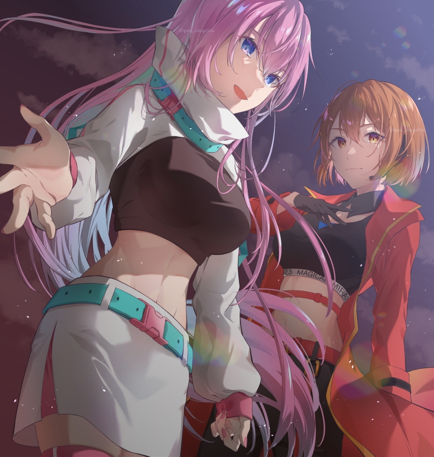 2girls absurdres black_gloves blue_eyes breasts brown_eyes brown_hair cloud coat commentary_request crop_top earpiece eyelashes from_below gloves hair_between_eyes hand_on_own_chest high_collar highres light_particles long_hair long_sleeves looking_at_viewer magical_mirai_(vocaloid) magical_mirai_luka magical_mirai_luka_(2023) magical_mirai_meiko magical_mirai_meiko_(2023) megurine_luka meiko_(vocaloid) multiple_girls nail_polish navel night night_sky open_clothes open_coat open_mouth perspective pink_hair pink_nails reaching reaching_towards_viewer red_coat short_hair skirt sky smile thighhighs twitter_username vocaloid white_skirt yuo_fumelilua