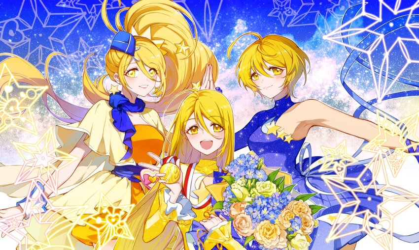 3girls ahoge blonde_hair blue_dress blue_scarf bouquet cure_etoile dress dual_persona earrings flower garrison_cap hair_down hair_ornament hat highres holding holding_bouquet hugtto!_precure jewelry kagayaki_homare kui_(kuishadowww) long_hair magical_girl multiple_girls orange_dress precure scarf short_hair side_ponytail single_sleeve smile star_(symbol) star_earrings star_hair_ornament time_paradox yellow_eyes