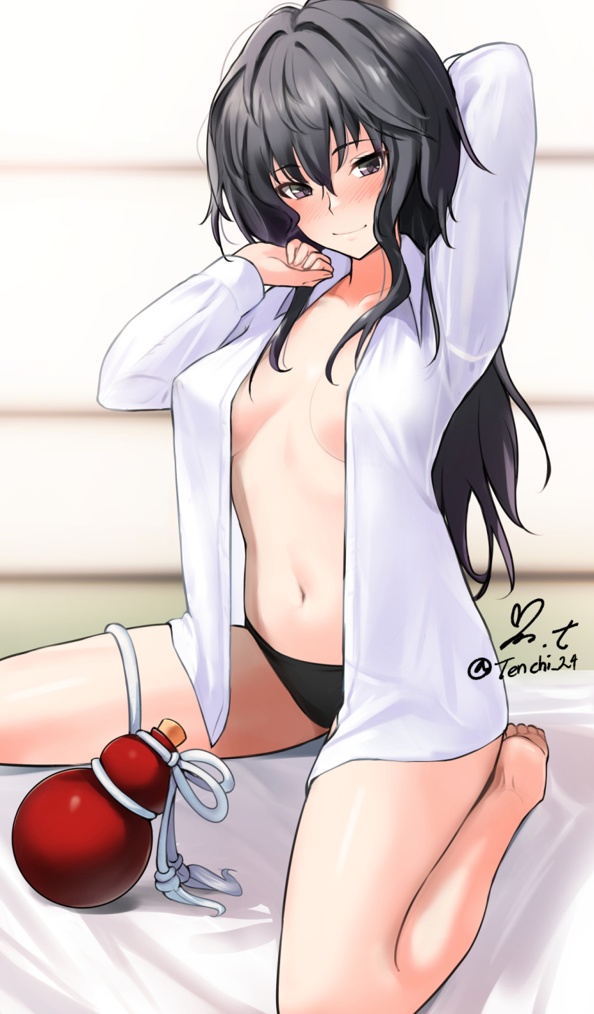1girl arm_behind_head arm_up barefoot black_hair black_panties blurry blurry_background blush breasts collared_shirt commentary_request dated depth_of_field dress_shirt hair_between_eyes hand_up heart heart_in_eye highres indoors long_hair long_sleeves looking_at_viewer maji_de_watashi_ni_koi_shinasai! maji_de_watashi_ni_koi_shinasai!_s medium_breasts musashibou_benkei no_bra no_pants open_clothes open_shirt panties purple_eyes shirt signature sitting solo symbol_in_eye underwear wariza white_shirt yoo_tenchi