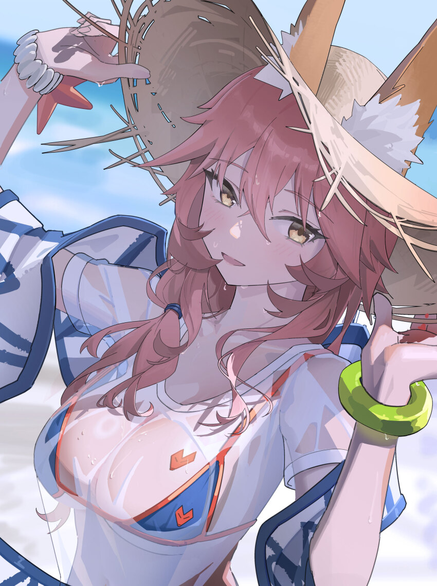 1girl absurdres animal_ear_fluff animal_ears ax3_(bilibili_168576578) bikini bikini_under_clothes blue_bikini blush bracelet breasts derivative_work ears_through_headwear fate/grand_order fate_(series) fox_ears fox_girl hat highres jewelry large_breasts long_hair ocean parted_lips pink_hair shirt solo straw_hat swimsuit tamamo_(fate) tamamo_no_mae_(fate) tamamo_no_mae_(swimsuit_lancer)_(fate) tamamo_no_mae_(swimsuit_lancer)_(second_ascension)_(fate) upper_body wet wet_clothes wet_shirt white_shirt yellow_eyes