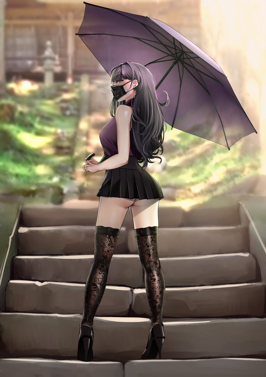 1girl absurdres ass black_footwear black_mask black_skirt black_thighhighs ear_piercing floral_print_thighhighs high_heels highres holding holding_umbrella long_hair looking_at_viewer looking_back mask microskirt mouth_mask original outdoors piercing pupi_(rain_prophet) purple_hair purple_shirt shirt shrine skirt stairs stone_lantern stone_stairs thighhighs torii umbrella