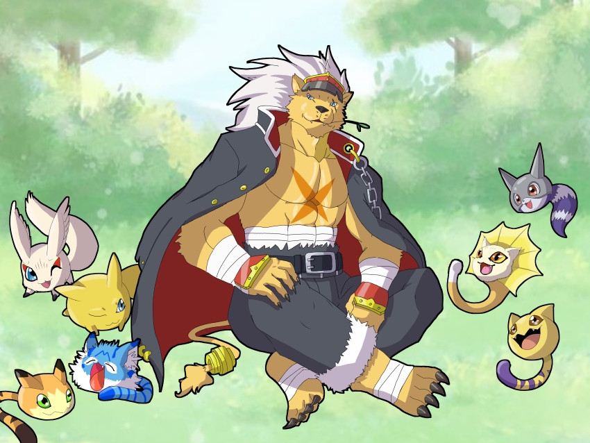 absurdres bancholeomon banchou belt caprimon chain delinquent digimon digimon_(creature) frimon highres kyaromon meicoomon_baby modo muscular muscular_male nyaromon pokomon_(digimon) scar wanyamon