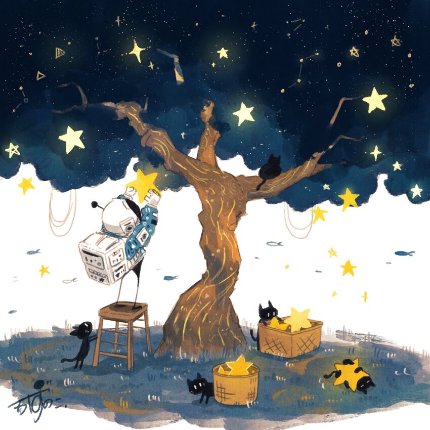 1other artist_name backpack bag basket black_cat blue_jacket cat closed_eyes commentary constellation fish flying_fish grass harvest helmet highres hug hugging_object in_tree jacket kazunoko_(kazunoko_zunoco) original plant radio_antenna signature sitting space space_helmet standing star_(sky) star_(symbol) stool tree vines white_background wooden_stool yellow_eyes