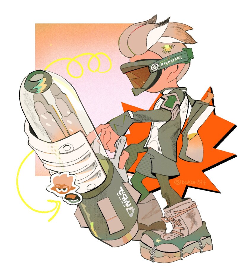 1boy bakori514_(h_akka) ballpoint_splatling_(splatoon) boots brown-tinted_eyewear covered_eyes covered_face covered_mouth from_side full_body goggles green_leggings grey-framed_eyewear grey_boots grey_shirt grey_shorts hair_slicked_back highres holding holding_weapon inkling_boy inkling_player_character leggings leggings_under_shorts male_focus nintendo pointy_ears shirt short_hair shorts ski_goggles sleeves_past_wrists solo splatoon_(series) splatoon_3 squiggle standing tinted_eyewear twitter_username two-handed two-tone_shirt undercut very_short_hair weapon white_background white_shirt