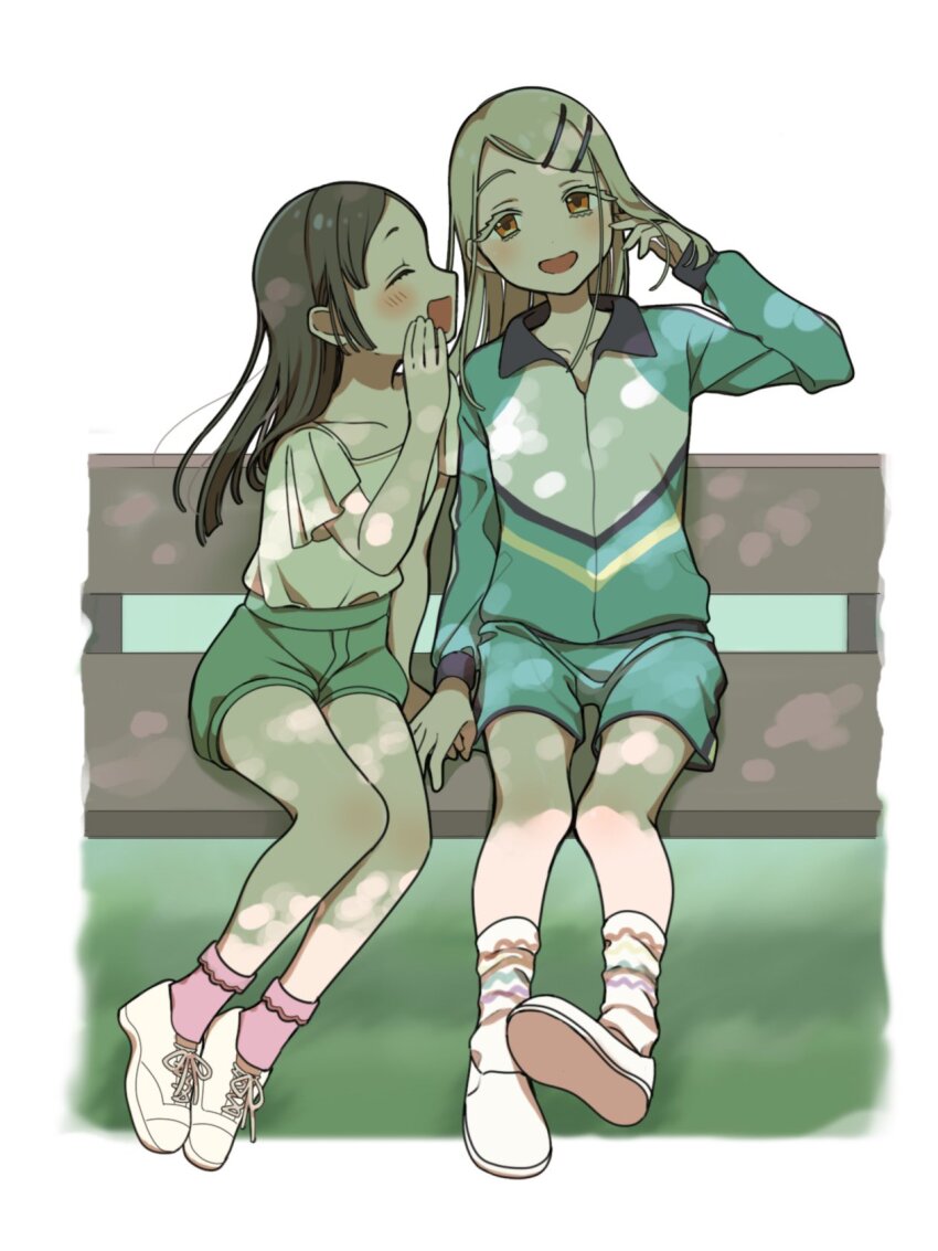 2girls blonde_hair blush border breasts brown_hair collarbone colored_eyelashes commentary dappled_sunlight dot_nose flipped_hair gakuen_idolmaster grass green_jacket green_shorts gym_shorts hair_ornament hairclip hand_on_another&#039;s_hand highres idolmaster jacket kuramoto_china long_hair long_sleeves looking_at_viewer multiple_girls on_bench open_mouth orange_eyes outside_border parted_bangs pink_socks profile shadow shinosawa_hiro shirt shoe_soles shoes short_sleeves shorts sks_(s3_rosquilla) small_breasts smile sneakers socks sunlight track_jacket tucking_hair very_long_hair white_border white_shirt white_socks