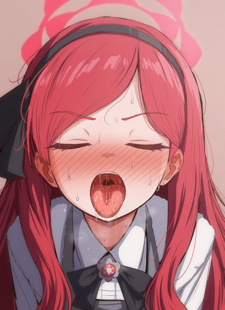 1girl black_bow black_bowtie black_hairband blue_archive blush bow bowtie closed_eyes collared_shirt commentary_request facing_viewer hairband halo highres long_hair mame_rakko nose_blush open_mouth oral_invitation red_hair red_halo saliva shirt solo sweat takane_(blue_archive) teeth tongue tongue_out upper_body upper_teeth_only white_shirt