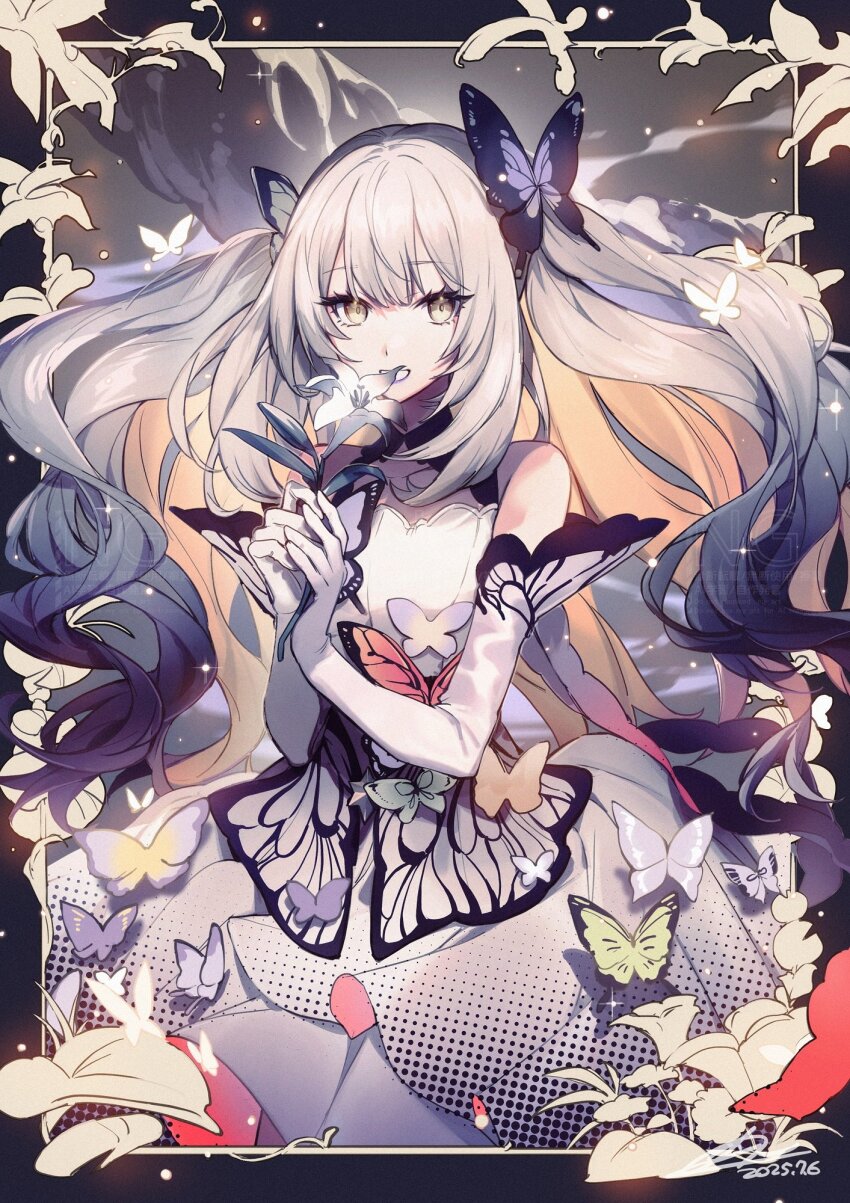 1girl bare_shoulders breasts dress elbow_gloves fate/grand_order fate_(series) gloves gradient_hair grey_hair highres long_hair looking_at_viewer marie_antoinette_(fate) marie_antoinette_alter_(fate) medium_breasts multicolored_hair no-kan sidelocks solo white_dress white_gloves white_hair yellow_eyes