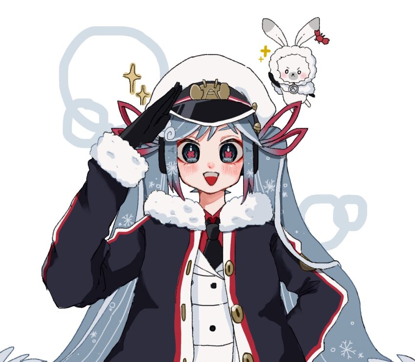 1girl black_gloves black_necktie blue_hair buttons fur-trimmed_jacket fur_trim gloves hand_up hat hatsune_miku highres jacket long_hair long_sleeves looking_at_viewer necktie open_clothes open_jacket open_mouth rabbit_yukine salute smile twintails upper_body vocaloid white_hat yano_0o0 yuki_miku