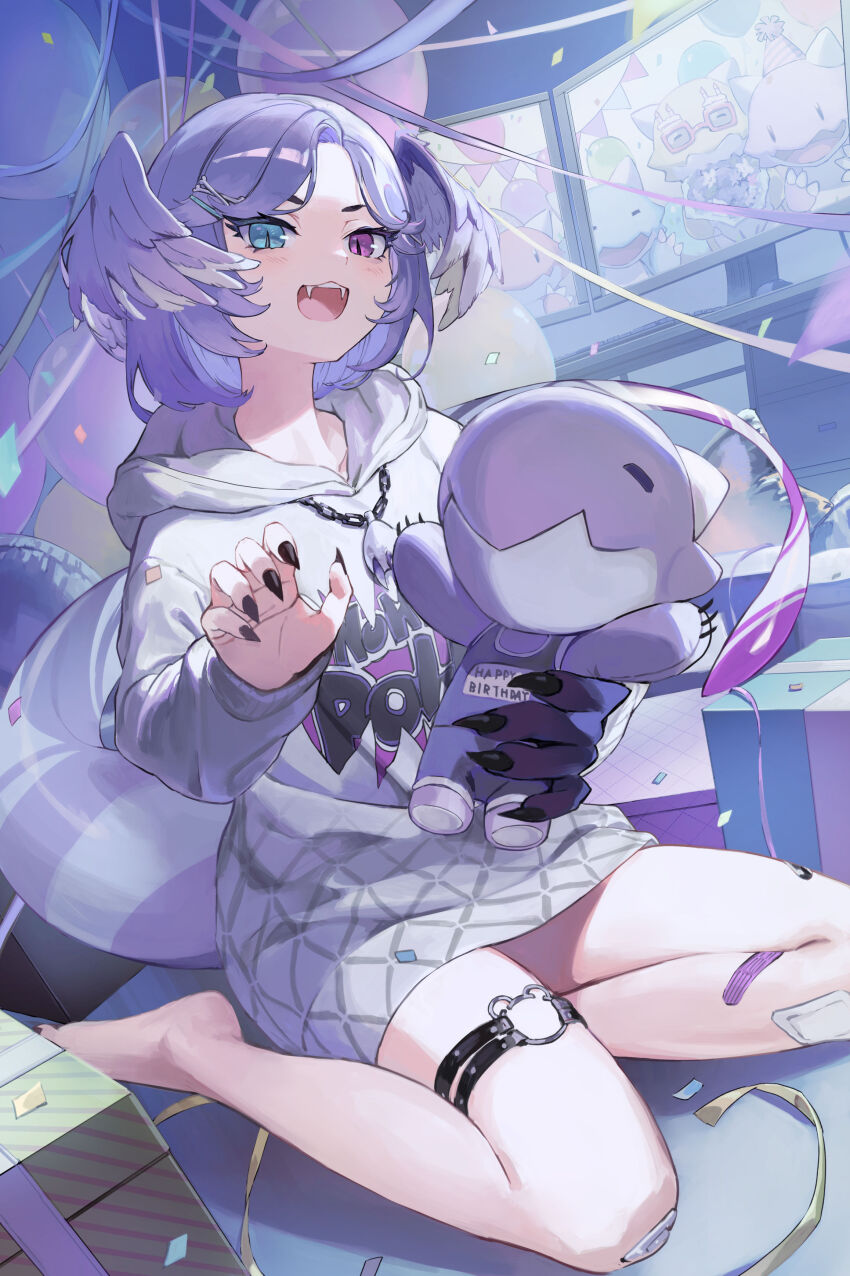 1girl absurdres balloon bandaid bandaid_on_leg bandaid_on_thigh barefoot black_nails blue_eyes box chain chain_necklace commentary confetti dragon_girl dragon_tail dragoon_(selen_tatsuki) english_commentary fangs fingernails gift gift_box heterochromia highres holding holding_stuffed_toy hood hood_down hoodie jewelry kyo_mizusawa long_sleeves medium_hair monitor necklace nijisanji nijisanji_en no_pants open_mouth purple_eyes purple_hair purple_wings selen_tatsuki selen_tatsuki_(3rd_costume) sharp_fingernails sitting solo streamers studded_thigh_strap stuffed_animal stuffed_dragon stuffed_toy tail thigh_strap virtual_youtuber white_hoodie wings