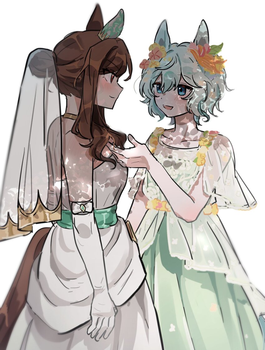 2girls animal_ears blue_eyes brown_hair commentary dress ear_covers green_dress green_hair highres horse_ears horse_girl horse_tail king_halo_(evergreen_identity)_(umamusume) king_halo_(umamusume) multiple_girls red_eyes seiun_sky_(soiree_de_chaton)_(umamusume) seiun_sky_(umamusume) single_ear_cover smile symbol-only_commentary tail umamusume unseuking0427 veil wedding_dress white_background white_dress