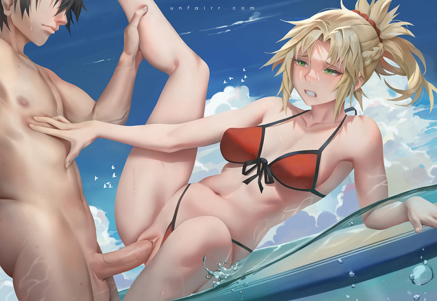 1boy 1girl bare_shoulders bikini black_hair blonde_hair blue_sky blush braid breasts cleavage clenched_teeth clothing_aside collarbone commentary crown_braid day drooling english_commentary erection fate/grand_order fate_(series) fujimaru_ritsuka_(male) green_eyes grin hair_ornament hair_scrunchie half_up_braid hetero large_variant_set leg_grab long_hair lying medium_breasts mordred_(fate) mordred_(swimsuit_rider)_(fate) mordred_(swimsuit_rider)_(first_ascension)_(fate) navel nude ocean on_side outdoors parted_bangs penis ponytail prydwen_(fate) pussy red_bikini saliva scrunchie sex short_hair sidelocks sky smile spread_legs surfboard swimsuit teeth uncensored unfairr vaginal variant_set water