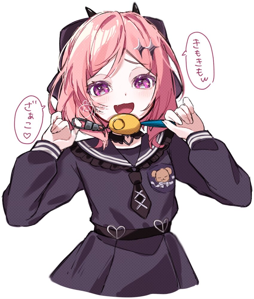 black_bow black_shirt blush bow candy food fudeshima_shigure hair_bow hair_ribbon heart highres lollipop long_sleeves looking_at_viewer multicolored_hair nogiro_(usa_ru) open_mouth pink_hair purple_eyes ribbon sailor_collar shirt shukusei!!_loli-kami_requiem smile solo speech_bubble streaked_hair striped_clothes striped_shirt upper_body world_dai_star
