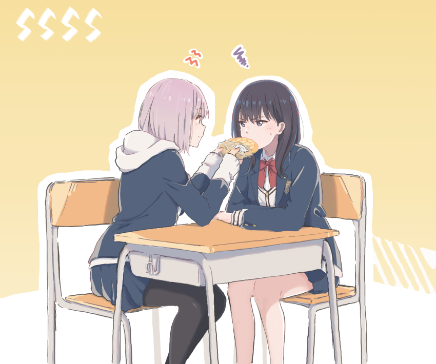 2girls angry annoyed bare_legs black_hair black_jacket black_pantyhose blazer blue_eyes blush bow bread cardigan chair closed_mouth desk eating eye_contact feeding female_focus food frown gridman_universe highres hood hoodie jacket legs light_purple_hair long_hair long_sleeves looking_at_another lyy melon_bread miniskirt multiple_girls orange_background pantyhose pleated_skirt red_bow red_eyes red_neckwear school_chair school_desk school_uniform shinjou_akane shirt short_hair sitting skirt sleeves_past_wrists smile ssss.gridman sweatdrop takarada_rikka upset white_cardigan white_shirt