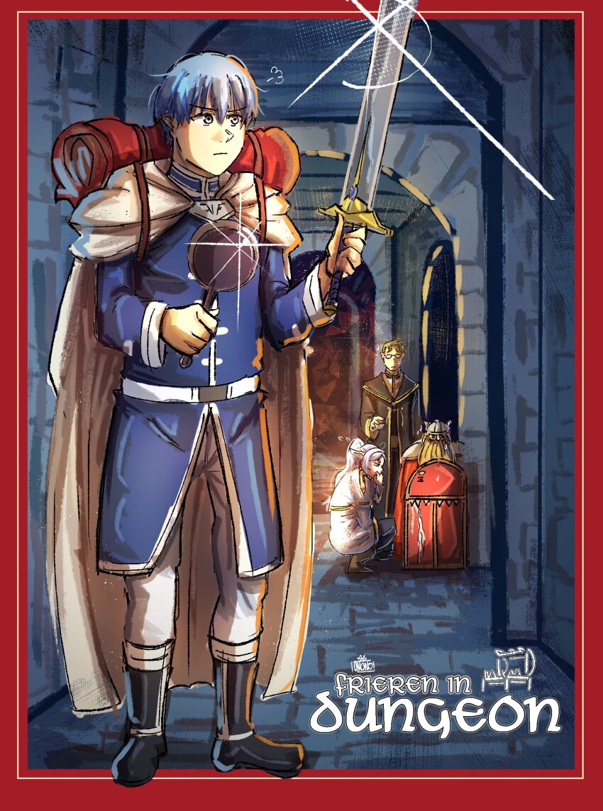 1girl 3boys backpack bag beard black_footwear black_robe blue_hair blue_tunic boots border cloak comic_panel_redraw commentary cover cover_page derivative_work dungeon_meshi dwarf eisen_(sousou_no_frieren) elf english_commentary english_text facial_hair fake_cover fake_horns frieren from_side frying_pan grey_pants heiter helmet highres himmel_(sousou_no_frieren) holding holding_frying_pan holding_pan horned_helmet horns indoors manga_cover mimic mimic_chest multiple_boys ononotsu pants parody pointy_ears red_border robe season_connection short_hair solo_focus sousou_no_frieren squatting standing sword treasure_chest tunic weapon white_cloak