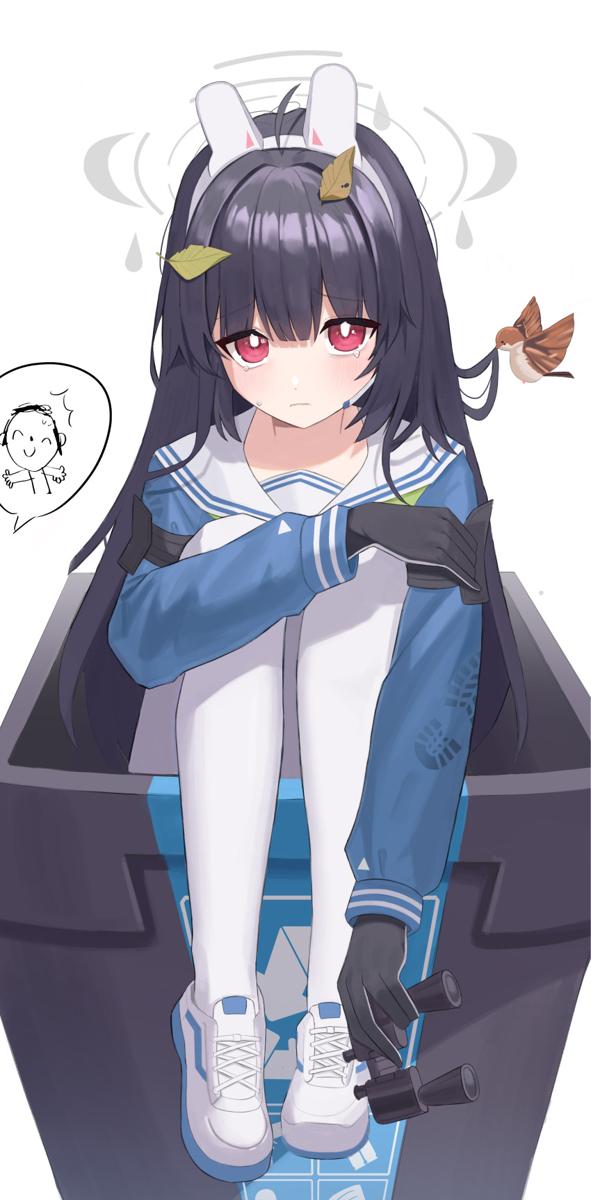 1girl absurdres animal_ears arrow_(symbol) black_gloves black_hair blue_archive blue_serafuku blue_shirt blunt_bangs blush bright_pupils closed_mouth commentary_request doodle_sensei_(blue_archive) eyes_visible_through_hair fake_animal_ears full_body gloves grey_halo halo highres in_container in_trash_can knees_up leaf leaf_on_head long_hair long_sleeves looking_at_viewer lumoon miyu_(blue_archive) pantyhose rabbit_ears recycle_bin recycling_symbol red_eyes school_uniform sensei_(blue_archive) serafuku shirt shoe_print shoes simple_background sitting sneakers solo speech_bubble straight-on straight_hair tears trash_can white_background white_pantyhose white_pupils white_shoes