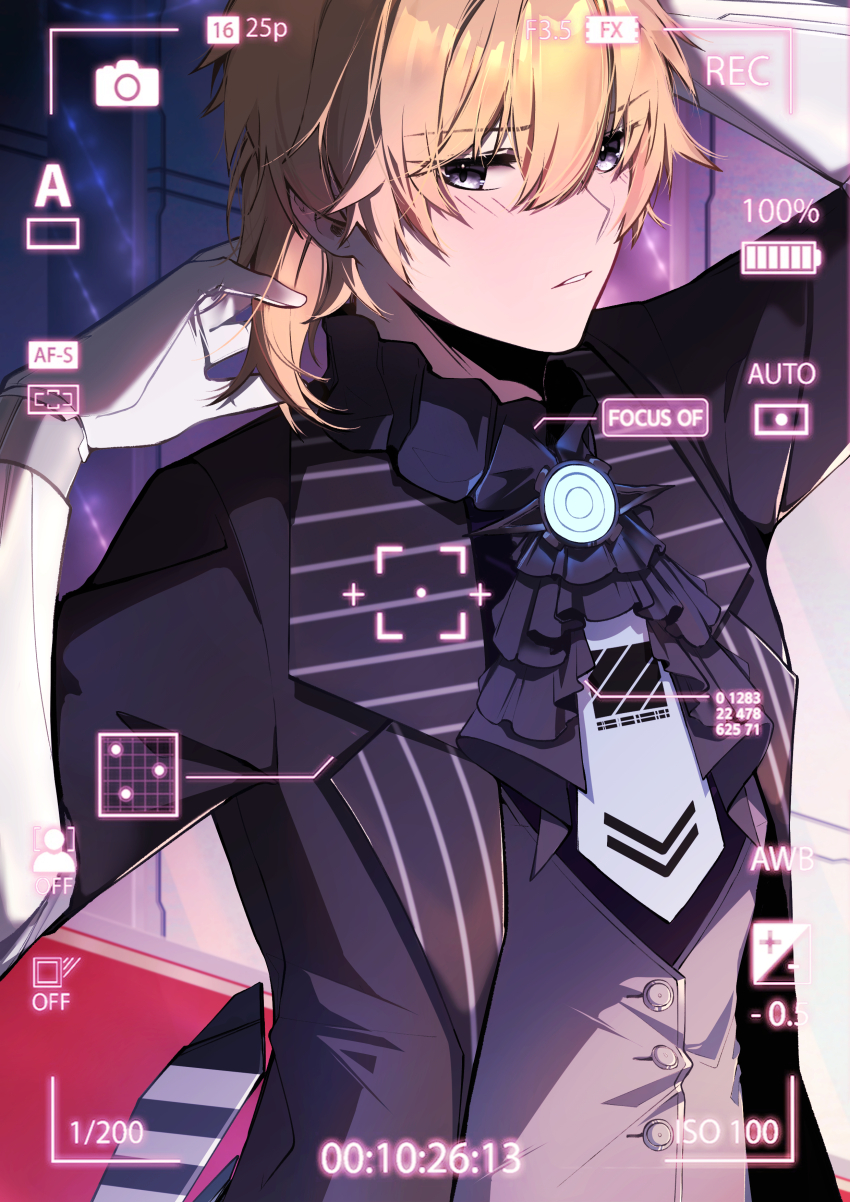 1boy absurdres adjusting_hair blonde_hair blush camera dochikun highres image_sample lee:_entropy_(illusionist)_(pgr) lee:_entropy_(pgr) lee_(pgr) looking_at_viewer official_alternate_costume pixiv_sample punishing:_gray_raven solo solo_focus viewfinder