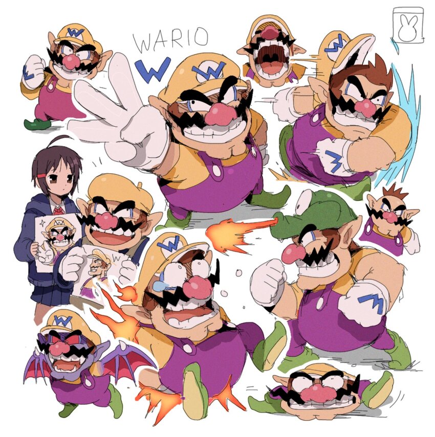 1boy 1girl adeleine bat_wario bendedede beret black_hair brown_hair burning cleft_chin dragon_wario_(wario_land) facial_hair fire flaming_wario flat_wario gloves green_shoes grin hat highres kirby_(series) multiple_views mustache nintendo open_mouth overalls pointy_ears purple_overalls shirt shoes smile tiny_wario vampire wario wario_land wario_land:_super_mario_land_3 wario_land_4 white_gloves yellow_hat yellow_shirt