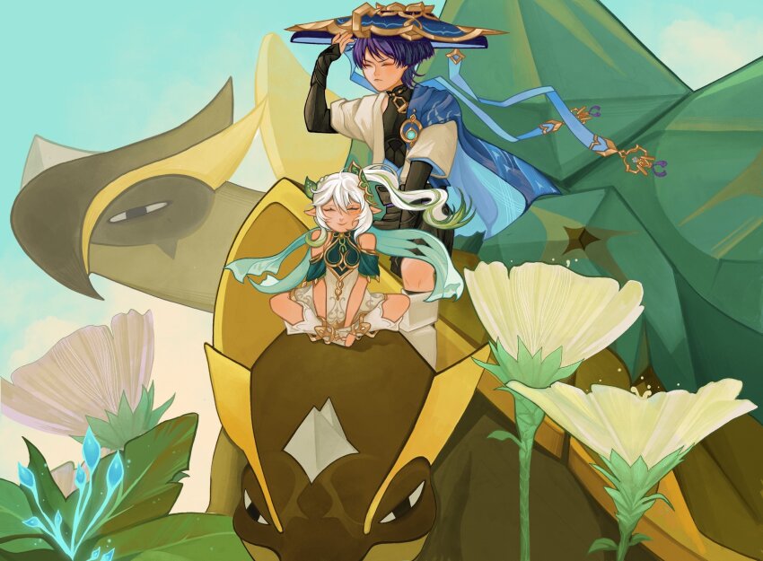 1boy 1girl alternate_skin_color anklet arm_at_side arm_up armlet armor arms_between_legs black_bodysuit black_bridal_gauntlets black_shorts blue_cape blue_gemstone blue_hat blue_kimono blue_sky blue_sleeves blunt_ends bodysuit bridal_gauntlets cape closed_eyes closed_mouth dark-skinned_female dark-skinned_male dark_skin detached_sleeves dress eyelashes eyeliner eyeshadow flower fringe_trim gem genshin_impact gold gold_trim green_cape green_hair green_sleeves hair_between_eyes hair_ornament han&#039;eri hat highres indian_style japanese_armor japanese_clothes jewelry jingasa kimono kote kurokote layered_kimono layered_sleeves leaf leaf_hair_ornament leg_warmers long_hair makeup mandarin_collar multicolored_hair nahida_(genshin_impact) open_clothes open_kimono outdoors pointy_ears purple_hair red_eyeliner red_eyeshadow riding riding_animal scaramouche_(genshin_impact) short_sleeves shorts shoulder_peek side_ponytail sidelocks sitting sitting_on_animal sky streaked_hair toeless_footwear turtle v-shaped_eyebrows wanderer_(genshin_impact) white_dress white_flower white_footwear white_hair white_kimono white_leg_warmers white_sleeves white_trim yellow_flower yourlocalwalnut