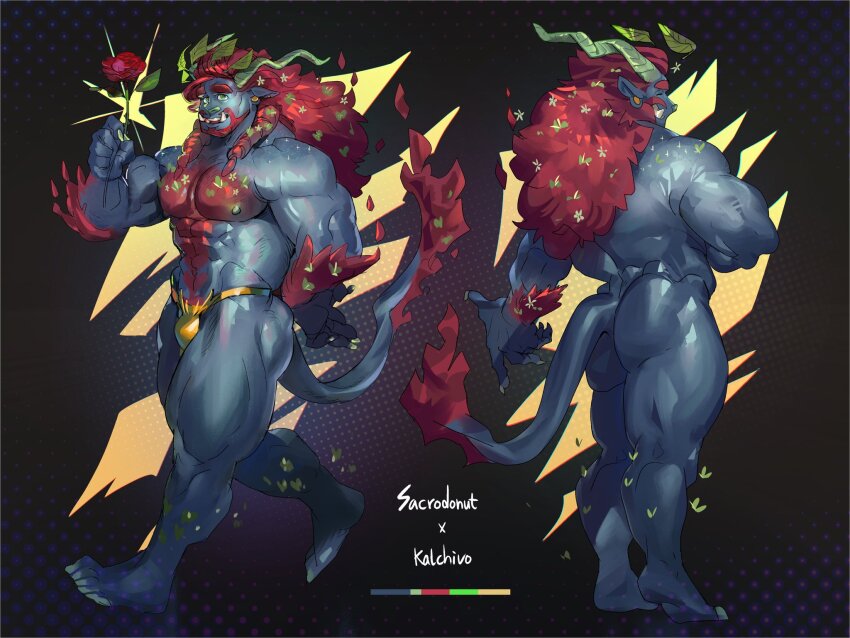 1boy abs artist_collaboration ass bara barefoot body_fur bulge chivo_(kalchivo) colored_skin commission completely_nude contrapposto earrings fey_orc_(sacrodonut) fingernails flower freckles from_behind full_body green_nails grey_skin heart-shaped_body_hair highres holding holding_flower huge_eyebrows jewelry large_hands large_pectorals legs_together loincloth long_hair looking_at_viewer male_focus mature_male monster_boy multiple_views muscular muscular_male nude orc original pectorals plant_hair pointy_ears red_flower red_hair red_rose rose sacrodonut sanpaku sharp_fingernails standing thick_tail thick_thighs thighs topless_male tusks v-taper very_long_ears walking