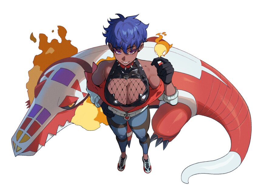 1girl black_sclera blue_hair breasts colored_sclera crocodilian dark-skinned_female dark_skin fire highres large_breasts mole mole_under_eye mole_under_mouth multiple_moles nintendo nyantcha open_mouth original pixie_cut pokemon pokemon_(creature) purple_eyes short_hair simple_background skeledirge tomboy very_dark_skin white_background yellow_eyes zoraida_(nyantcha)