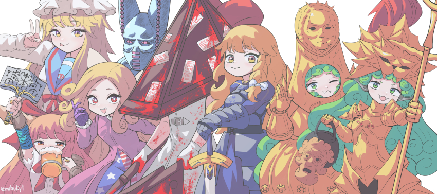 6+girls absurdres american_flag_legwear armor artoria_pendragon_(fate) beer_mug blood blood_stain bucket clone clownpiece cosplay costume costume_request cup dirty_deeds_done_dirt_cheap dragon_slayer_ornstein dragon_slayer_ornstein_(cosplay) drinking executioner_smough executioner_smough_(cosplay) funny_valentine funny_valentine_(cosplay) hakurei_reimu halloween hammer highres holding holding_bucket holding_cup holding_hammer holding_polearm holding_sword holding_weapon ibuki_suika kirisame_marisa komano_aunn mibukyt mug multiple_girls polearm pyramid_head pyramid_head_(cosplay) saber_(fate) saber_(fate)_(cosplay) stand_(jojo) star-shaped_pupils star_(symbol) sword symbol-shaped_pupils touhou weapon yakumo_yukari