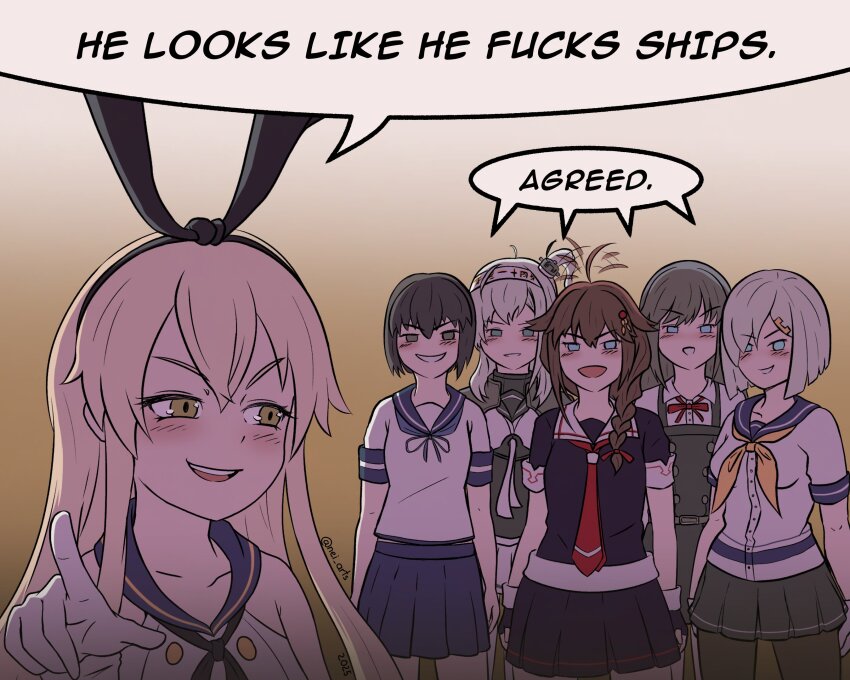 6+girls ahoge ahoge_wag aqua_eyes asashio_(kancolle) asashio_kai_ni_(kancolle) beret blonde_hair blush braid brown_eyes brown_hair commission corset dress dress_shirt expressive_hair fubuki_(kancolle) grey_eyes grey_hair grin hat highres kantai_collection long_hair medium_hair meme multiple_girls neckerchief nei_arts pantyhose pinafore_dress pleated_skirt pointing sailor_collar school_uniform serafuku she_looks_like_she_fucks_human_men_(meme) shigure_(kancolle) shimakaze_(kancolle) shirt short_hair side_braid sidelocks skirt sleeveless sleeveless_dress smile suzutsuki_(kancolle) white_hair