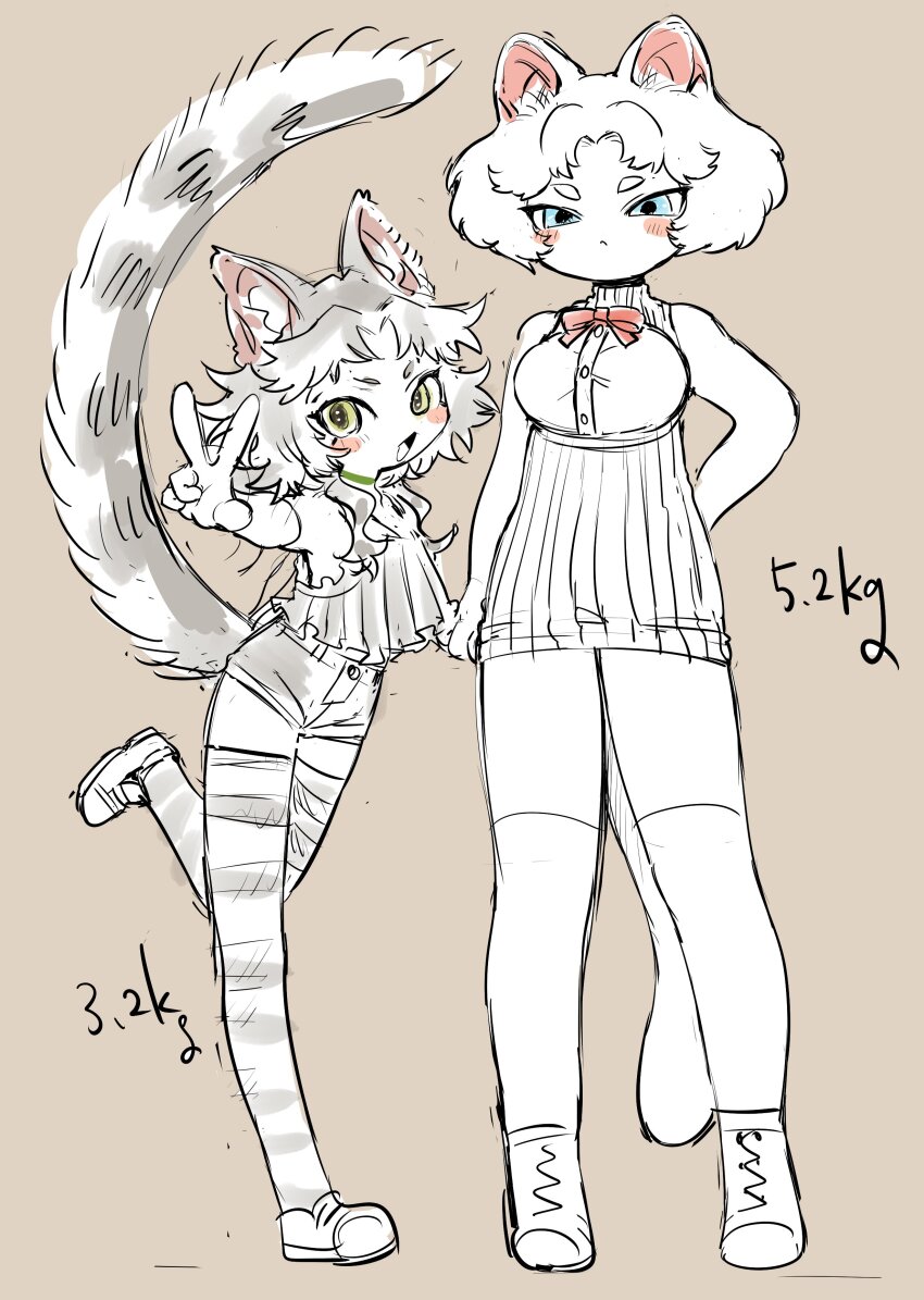 2girls :&lt; absurdres animal_ear_fluff animal_ears blue_eyes breasts brown_background cat_ears cat_girl cat_tail closed_mouth commentary_request full_body grey_hair highres long_hair looking_at_viewer medium_breasts multiple_girls original partially_colored shima_(wansyon144) short_hair shorts simple_background standing standing_on_one_leg striped_clothes striped_thighhighs sweater tail thighhighs v yellow_eyes