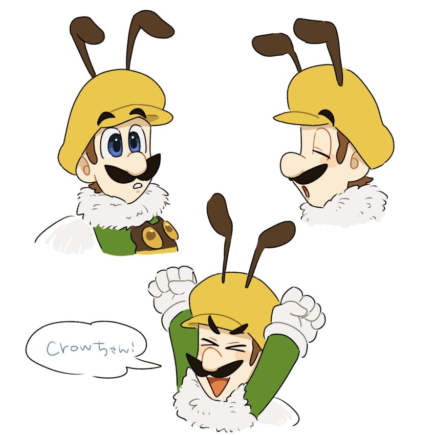 1boy antennae bee_mario boots facial_hair gloves helmet highres honeybee_(mario) looking_at_viewer luigi mario mario_(series) mimimi_(mimimim9999) mustache nintendo overalls simple_background super_mario_galaxy translation_request upper_body white_gloves yellow_overalls