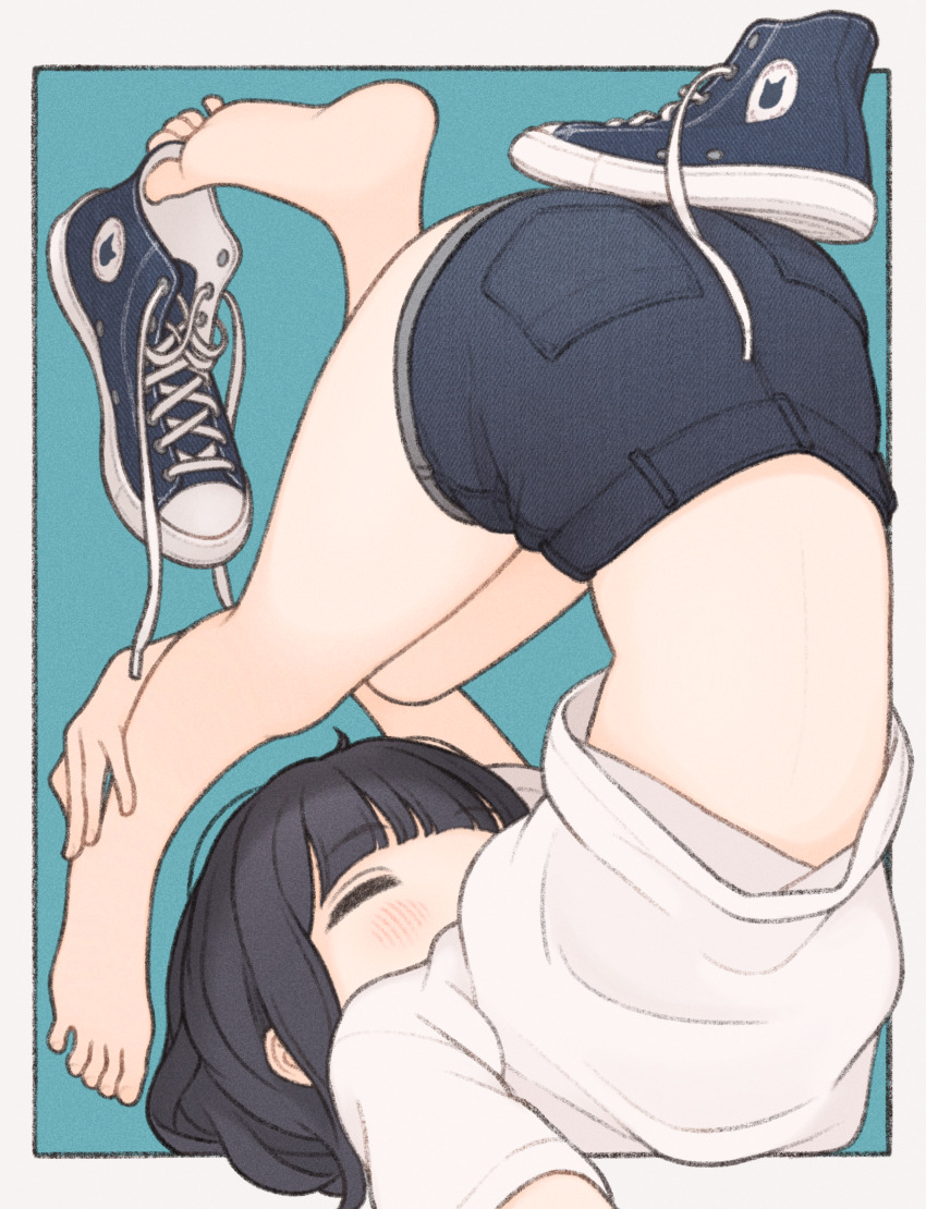 1girl 1ssakawaguchi absurdres aqua_background barefoot black_hair blue_shoes blue_shorts blush bob_cut border closed_eyes converse denim denim_shorts feet highres ichika_(1ssakawaguchi) midriff original outside_border shirt shoes short_hair short_sleeves shorts sneakers soles solo thighs toes top-down_bottom-up white_border white_shirt