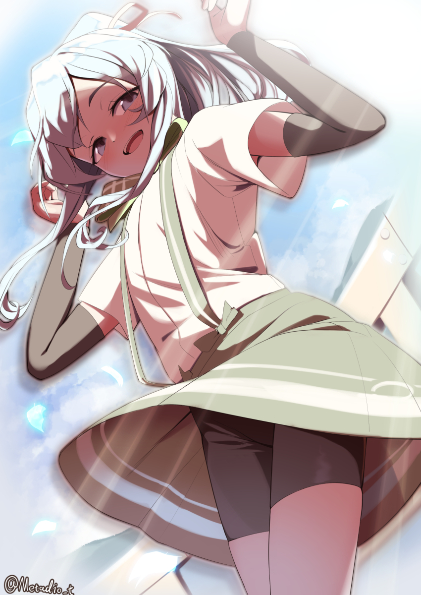 1girl arm_warmers arms_up ascot bike_shorts blue_eyes collared_shirt cowboy_shot dress_shirt highres kantai_collection metadio natsugumo_(kancolle) orange_ascot plaid_ascot plaid_clothes shirt short_hair shorts shorts_under_skirt skirt solo suspender_skirt suspenders white_hair white_shirt