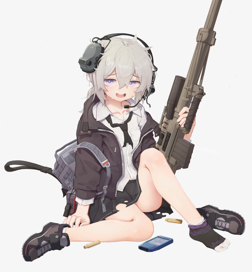 1girl :d absurdres ahoge backpack bag black_necktie black_skirt bolt_action cheytac_m200 collarbone collared_shirt commentary_request full_body girls&#039;_frontline greentree grey_hair gun hair_between_eyes headset highres jacket korean_commentary left_shoe_removed legs long_hair looking_at_viewer loose_necktie m200_(girls&#039;_frontline) messy_hair necktie off_shoulder open_clothes open_jacket open_mouth pleated_skirt ponytail purple_eyes rifle shell_casing shirt shoes single_shoe sitting skirt smile sniper_rifle socks solo torn_clothes torn_footwear torn_necktie torn_skirt weapon white_shirt
