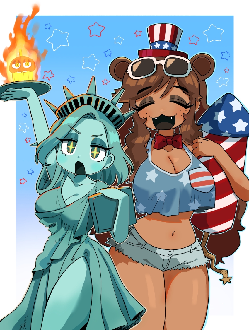 2girls absurdres american_flag animal_ears bear_ears bear_girl breasts brown_hair chica cleavage commentary_request cosplay cupcake_(fnaf) dark-skinned_female dark_skin extra_ears five_nights_at_freddy&#039;s five_nights_at_freddy&#039;s_1 five_nights_at_freddy&#039;s_ar:_special_delivery freddy_fazbear genderswap genderswap_(mtf) highres holding humanization large_breasts long_hair midriff minami_(mnm-kyk) multiple_girls navel short_shorts shorts statue_of_liberty