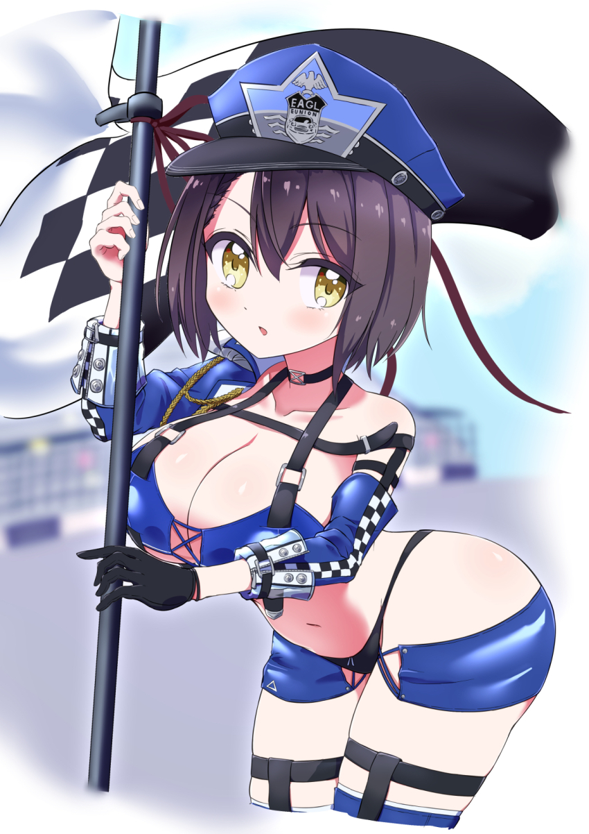 1girl :o arm_up azur_lane baltimore_(azur_lane) baltimore_(finish_line_flagbearer)_(azur_lane) bikini black_choker black_gloves blue_bikini blue_boots blue_hat blue_jacket blue_shorts blue_sleeves blush boots braid breasts brown_hair chest_harness choker cleavage collarbone commentary cropped_jacket cropped_legs detached_sleeves flag gloves hair_between_eyes harness hat highleg highleg_bikini highres hihkunhihkun holding holding_pole jacket large_breasts looking_at_viewer micro_shorts mismatched_bikini navel official_alternate_costume parted_lips peaked_cap pole race_queen short_hair shorts sidelocks single_bare_shoulder single_detached_sleeve single_glove skindentation solo solo_focus standing stomach swimsuit thigh_boots yellow_eyes