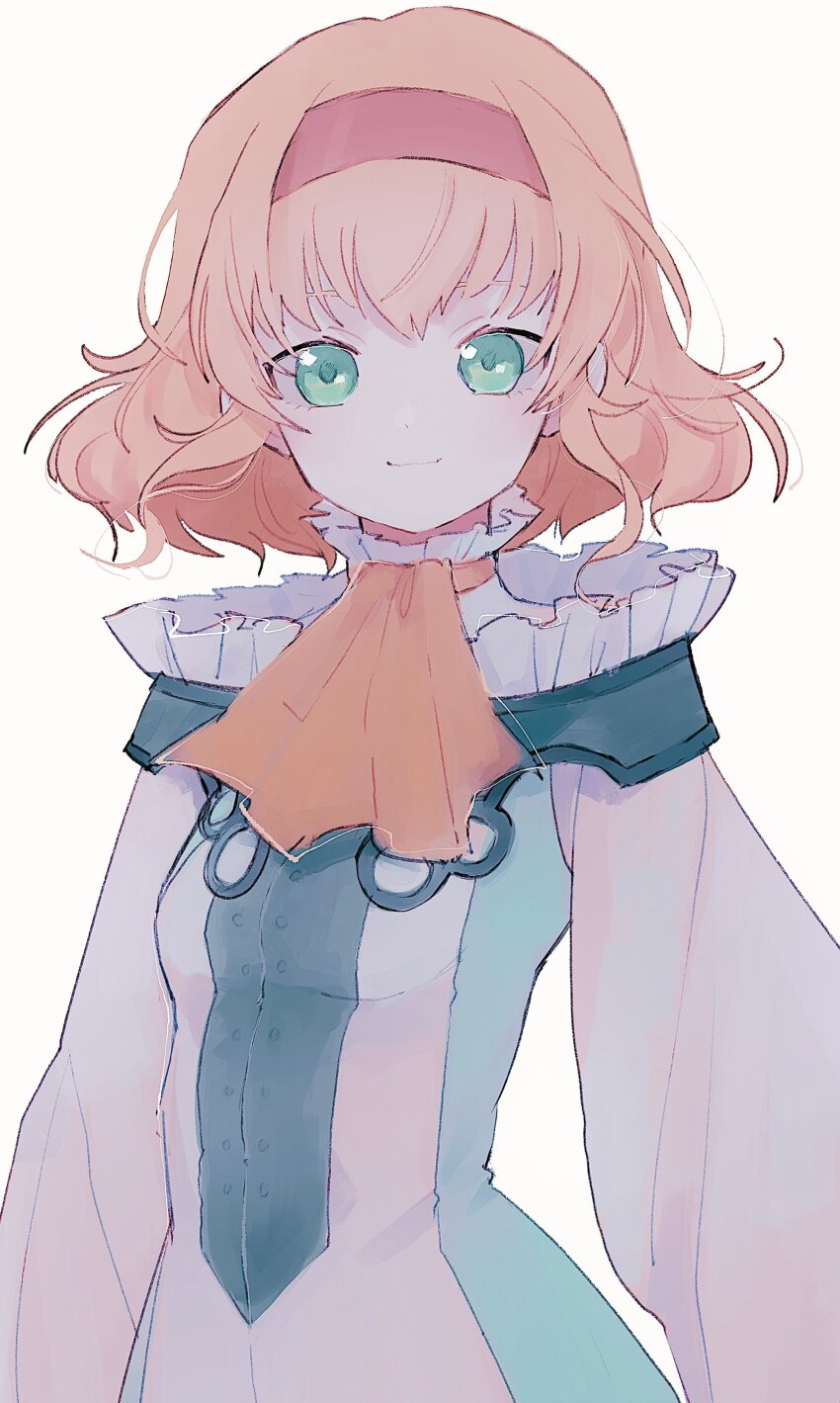 1girl absurdres ascot blonde_hair blunt_bangs breasts closed_mouth collar commentary dress frilled_collar frills green_eyes hairband high_collar highres long_sleeves looking_at_viewer nancykittyu natalia_luzu_kimlasca_lanvaldear orange_hairband short_hair simple_background small_breasts smile solo tales_of_(series) tales_of_the_abyss upper_body yellow_ascot