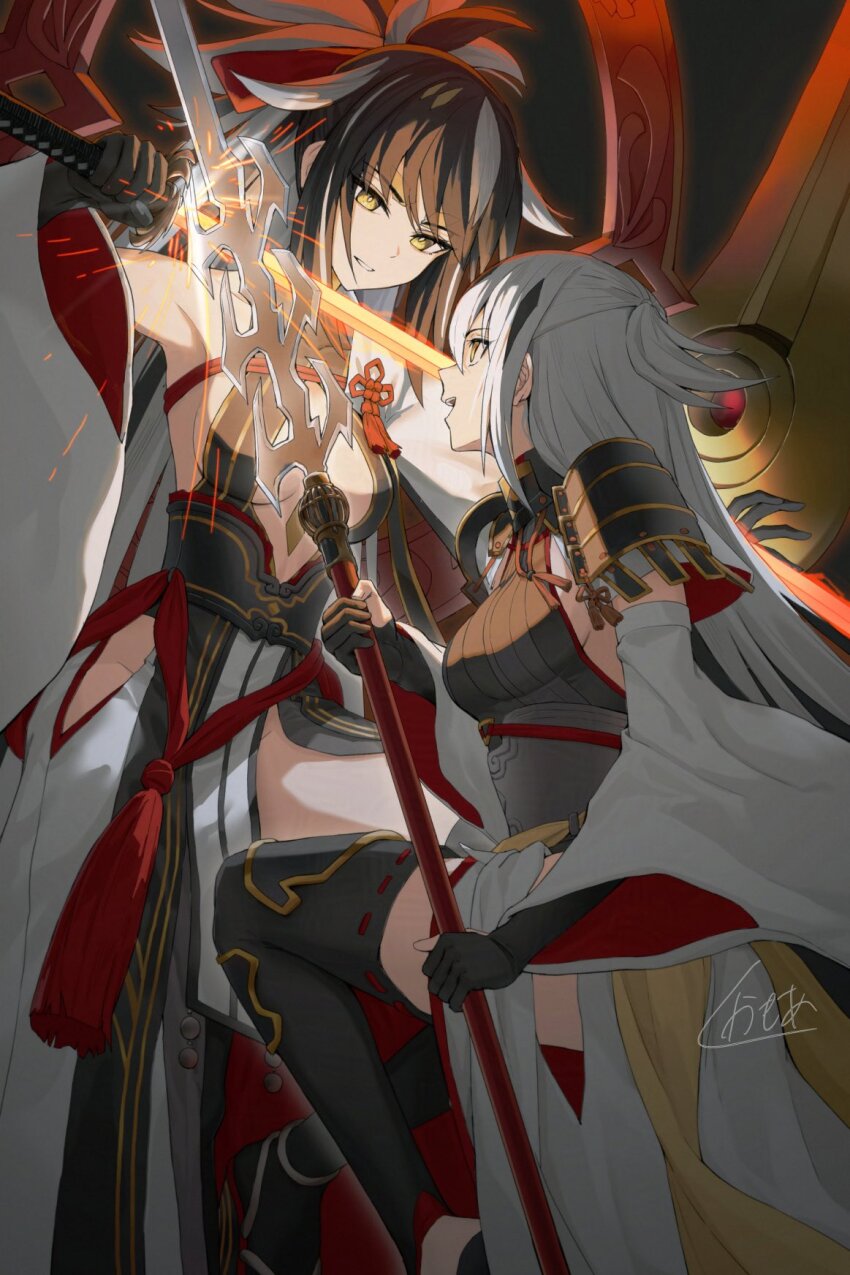 2girls armor bare_shoulders black_gloves black_hair black_shirt black_skirt black_thighhighs breasts center_opening collar detached_sleeves dual_persona facial_mark fate/grand_order fate_(series) forehead_mark gloves gold_trim green_eyes hair_between_eyes halterneck high_ponytail highres japanese_armor kamo_ashi katana koha-ace layered_skirt long_hair long_skirt long_sleeves medium_breasts metal_collar multicolored_hair multiple_girls nagao_kagetora_(fate) open_mouth polearm ponytail sash shirt shoulder_armor sidelocks skirt smile sode spear suneate sword thighhighs thighs two-tone_hair uesugi_kenshin_(fate) uesugi_kenshin_(third_ascension)_(fate) very_long_hair weapon white_hair white_skirt wide_sleeves yellow_sash