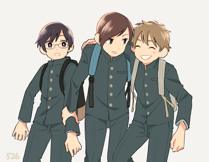 3boys arm_on_another&#039;s_shoulder black_hair bright_pupils brown_hair closed_mouth glasses green_gakuran grey_background highres holding_another&#039;s_wrists kojiro337 looking_at_another male_focus multiple_boys open_mouth original school_uniform short_hair white_pupils