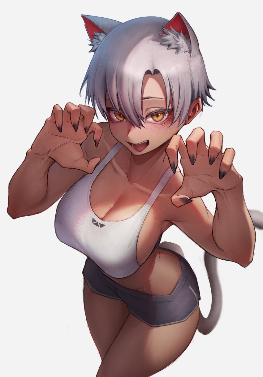 1girl absurdres animal_ears black_nails borrowed_character breasts cat_ears cat_girl cat_tail claw_pose cleavage commentary cowboy_shot dark-skinned_female dark_skin dolphin_shorts english_commentary eyebrows_hidden_by_hair fang fingernails from_above grey_hair grey_shorts hair_between_eyes highres kaimonunes kara_(vertigris) large_breasts long_fingernails midriff open_mouth original sharp_fingernails short_hair shorts sideboob simple_background solo sports_bra tail white_background white_sports_bra yellow_eyes